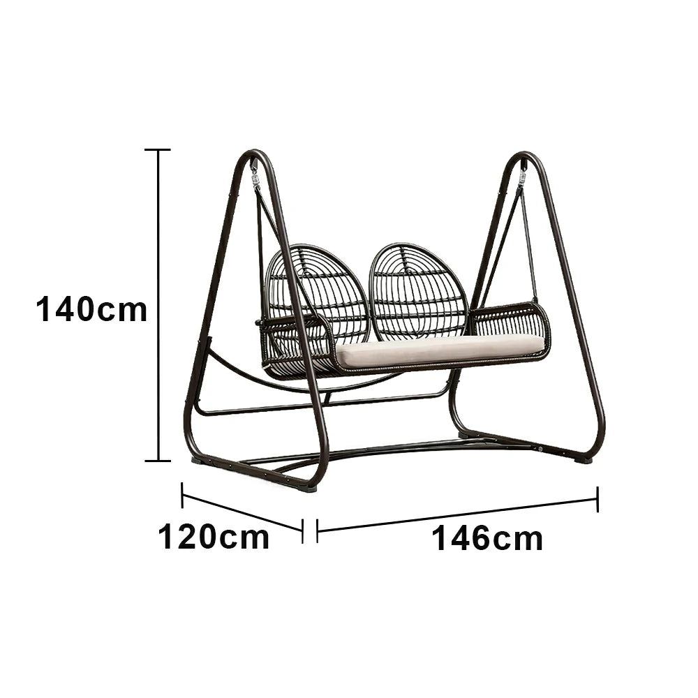 SOLARA Outdoor Double Rattan Swing Chair PE Wicker Breathable Seat Spring Suspension Steel Frame for Garden Patio Balcony - Black