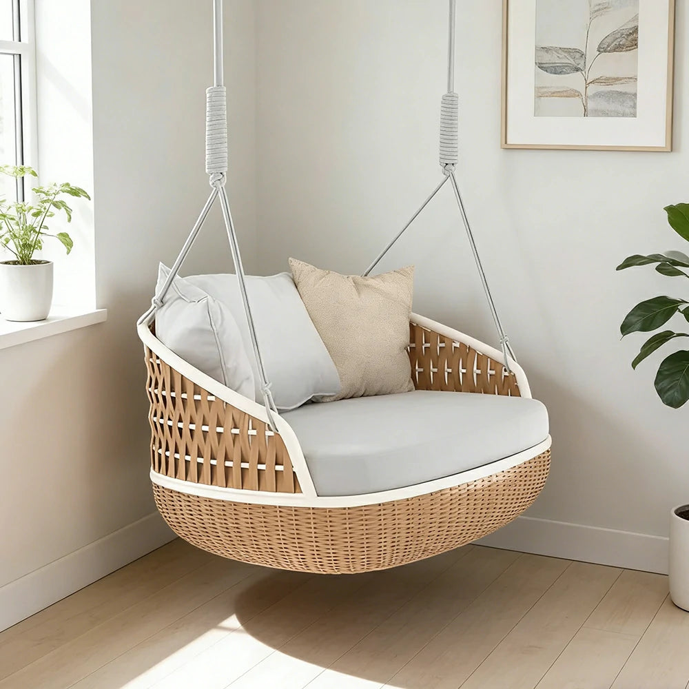 SOLARA Rattan Hanging Chair PE Wicker Breathable Seat Alloy Frame Hanging Rope for Balcony Patio Garden Indoor - Wood