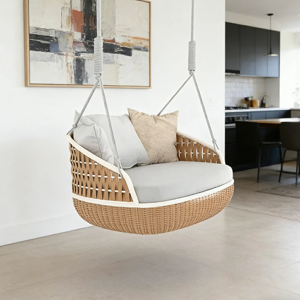 SOLARA Rattan Hanging Chair PE Wicker Breathable Seat Alloy Frame Hanging Rope for Balcony Patio Garden Indoor - Wood