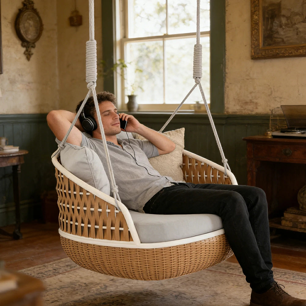 SOLARA Rattan Hanging Chair PE Wicker Breathable Seat Alloy Frame Hanging Rope for Balcony Patio Garden Indoor - Wood