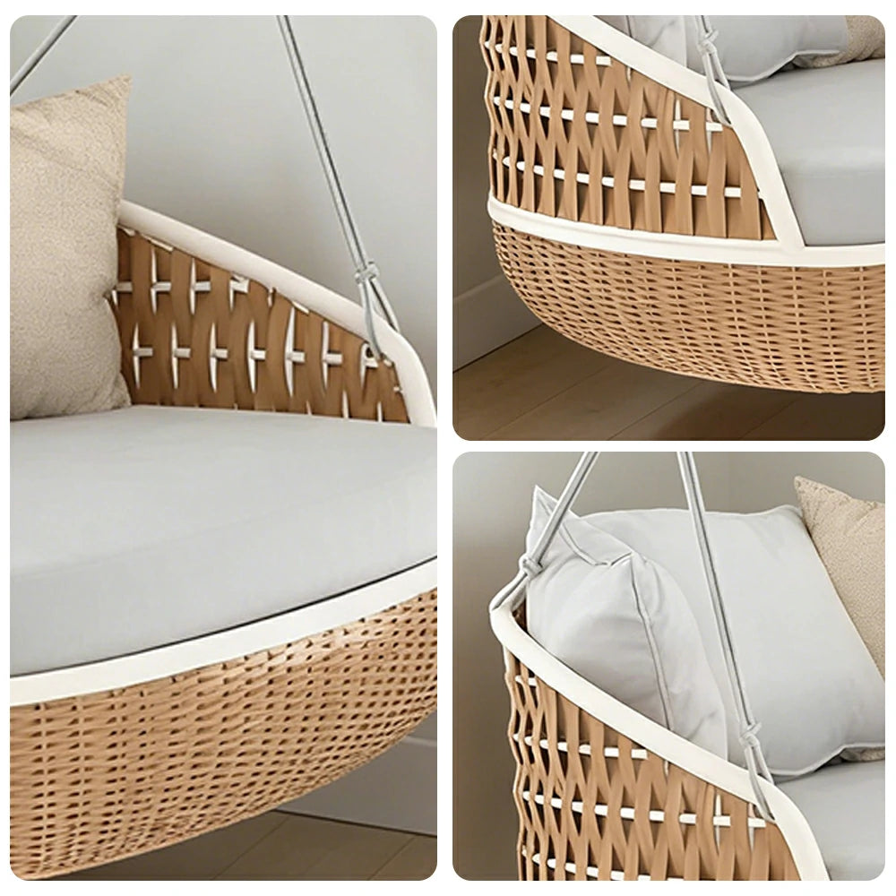 SOLARA Rattan Hanging Chair PE Wicker Breathable Seat Alloy Frame Hanging Rope for Balcony Patio Garden Indoor - Wood
