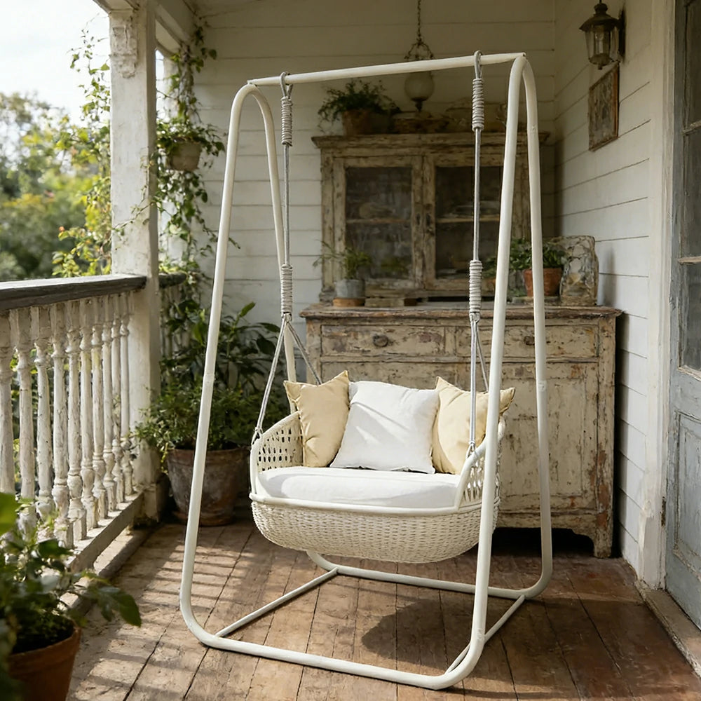 SOLARA Rattan Hanging Chair PE Wicker Breathable Seat Alloy Frame Hanging Rope for Balcony Patio Garden Indoor - White