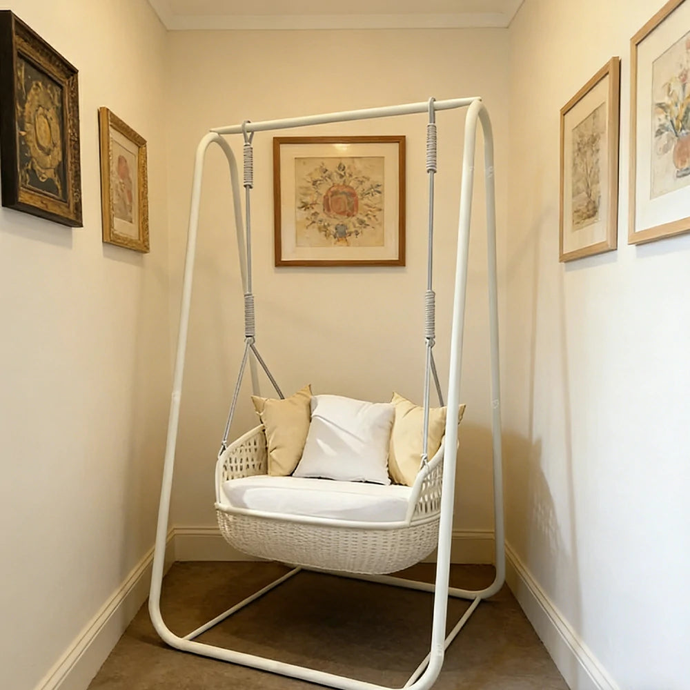 SOLARA Rattan Hanging Chair PE Wicker Breathable Seat Alloy Frame Hanging Rope for Balcony Patio Garden Indoor - White