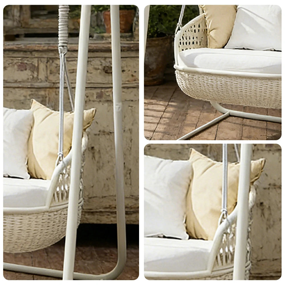 SOLARA Rattan Hanging Chair PE Wicker Breathable Seat Alloy Frame Hanging Rope for Balcony Patio Garden Indoor - White