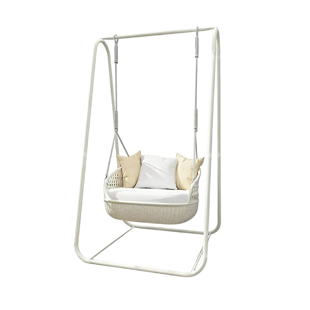 SOLARA Rattan Hanging Chair PE Wicker Breathable Seat Alloy Frame Hanging Rope for Balcony Patio Garden Indoor - White