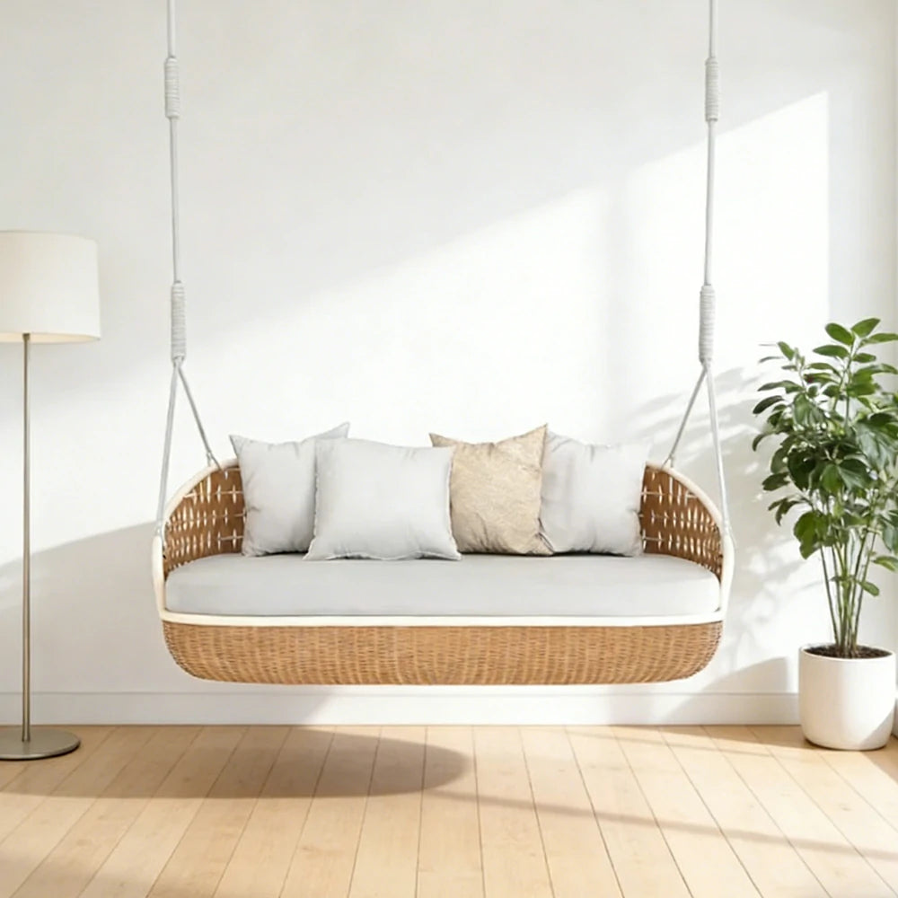SOLARA Rattan Hanging Double Chair PE Wicker Breathable Seat Alloy Frame Hanging Rope for Balcony Patio Garden Indoor - Wood