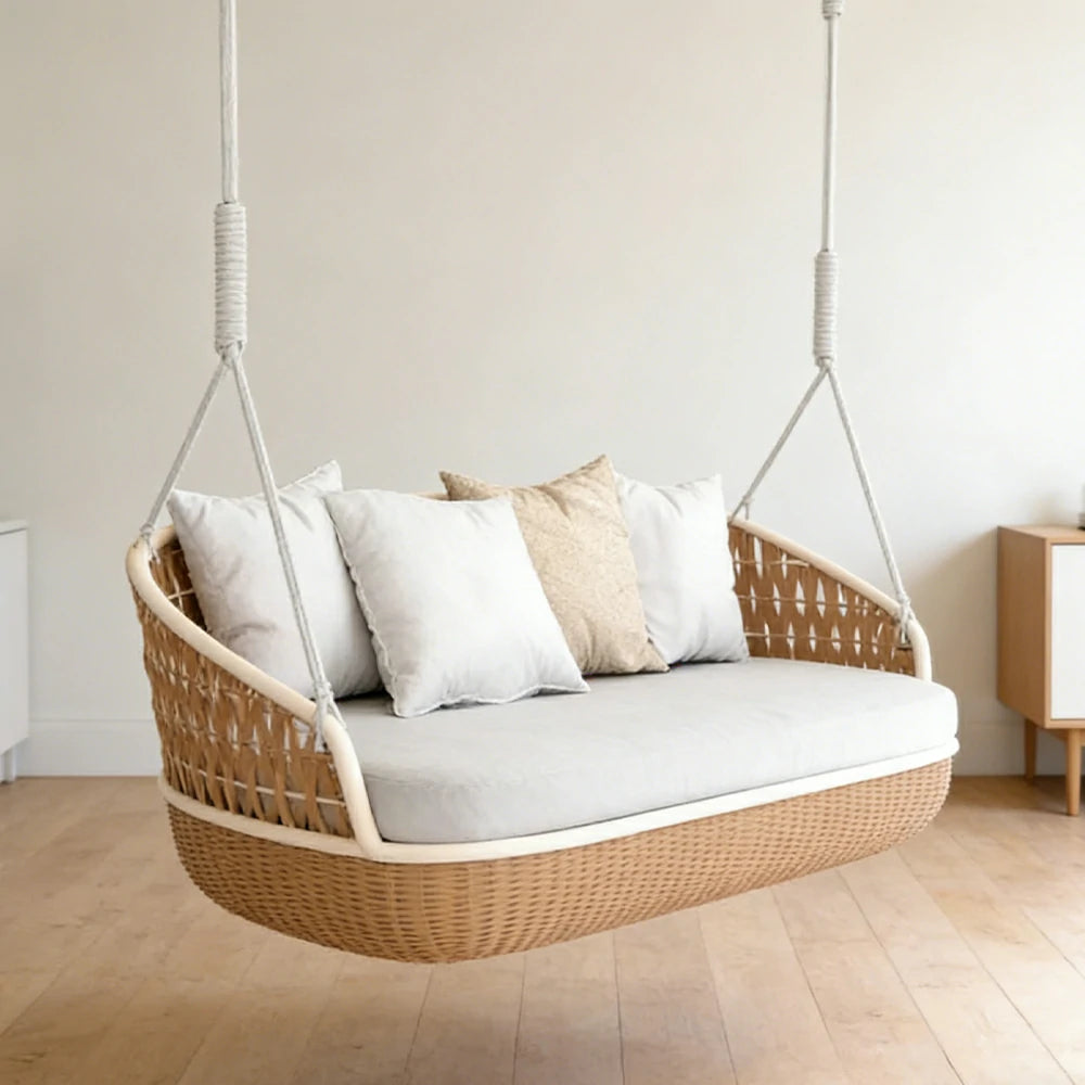 SOLARA Rattan Hanging Double Chair PE Wicker Breathable Seat Alloy Frame Hanging Rope for Balcony Patio Garden Indoor - Wood