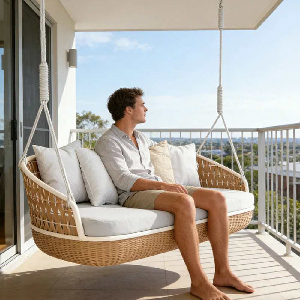 SOLARA Rattan Hanging Double Chair PE Wicker Breathable Seat Alloy Frame Hanging Rope for Balcony Patio Garden Indoor - Wood