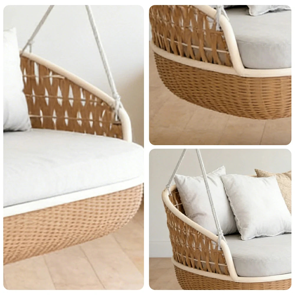 SOLARA Rattan Hanging Double Chair PE Wicker Breathable Seat Alloy Frame Hanging Rope for Balcony Patio Garden Indoor - Wood