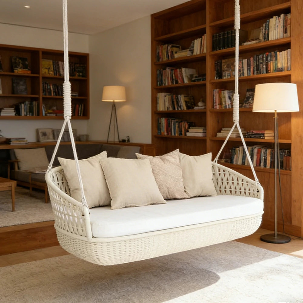 SOLARA Rattan Hanging Double Chair PE Wicker Breathable Seat Alloy Frame Hanging Rope for Balcony Patio Garden Indoor - White
