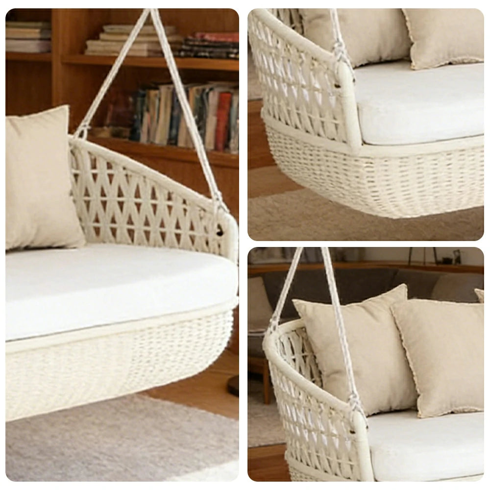 SOLARA Rattan Hanging Double Chair PE Wicker Breathable Seat Alloy Frame Hanging Rope for Balcony Patio Garden Indoor - White