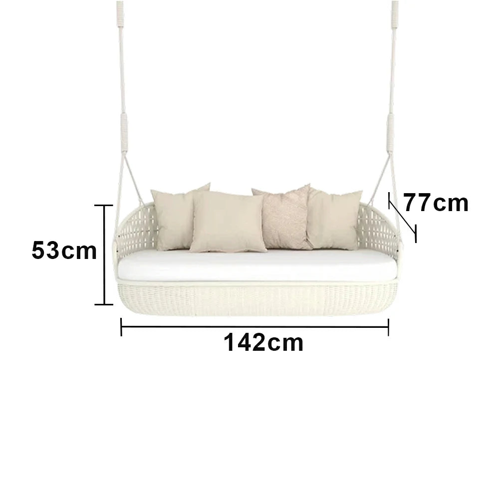 SOLARA Rattan Hanging Double Chair PE Wicker Breathable Seat Alloy Frame Hanging Rope for Balcony Patio Garden Indoor - White