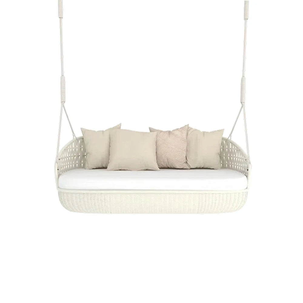 SOLARA Rattan Hanging Double Chair PE Wicker Breathable Seat Alloy Frame Hanging Rope for Balcony Patio Garden Indoor - White