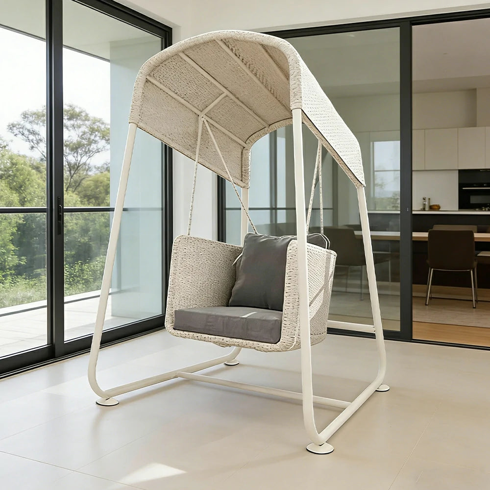 SOLARA Outdoor Swing Chair Aluminium Frame Handwoven Backrest Canopy Cushioned Seat for Garden Patio Balcony - White