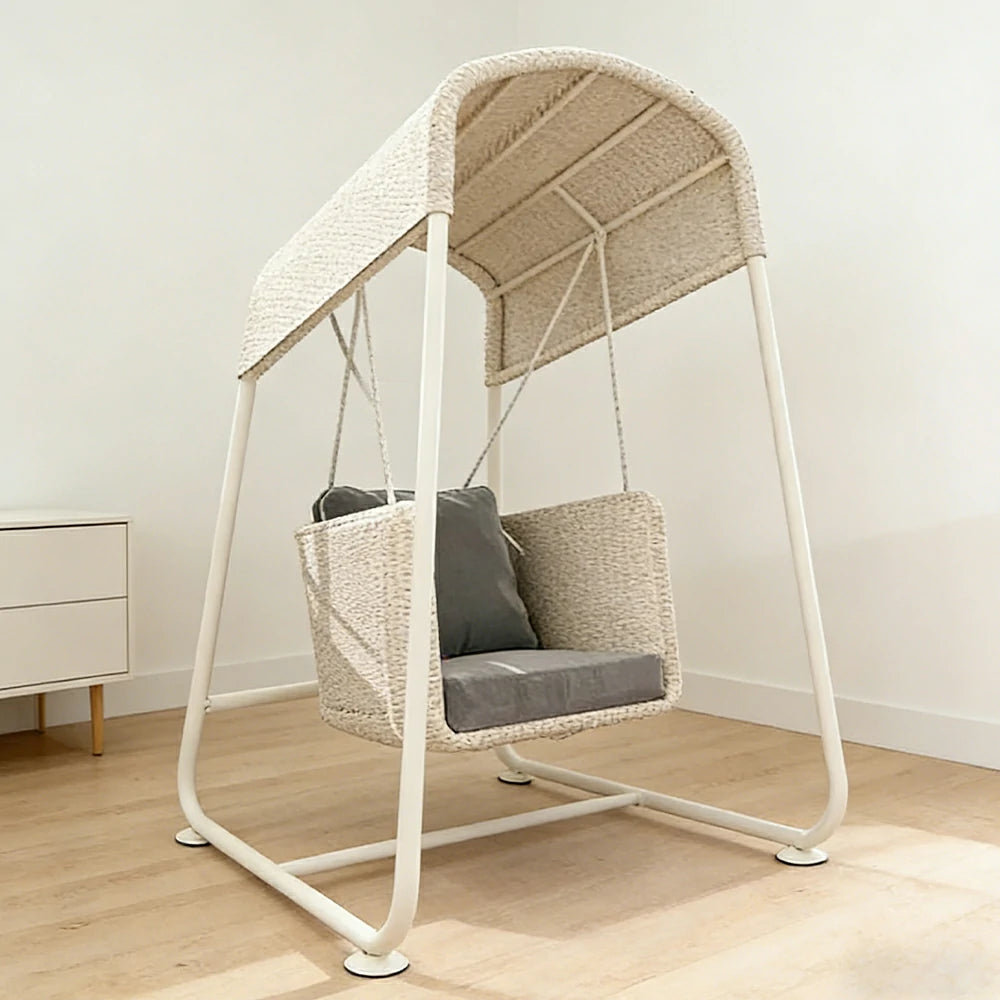 SOLARA Outdoor Swing Chair Aluminium Frame Handwoven Backrest Canopy Cushioned Seat for Garden Patio Balcony - White