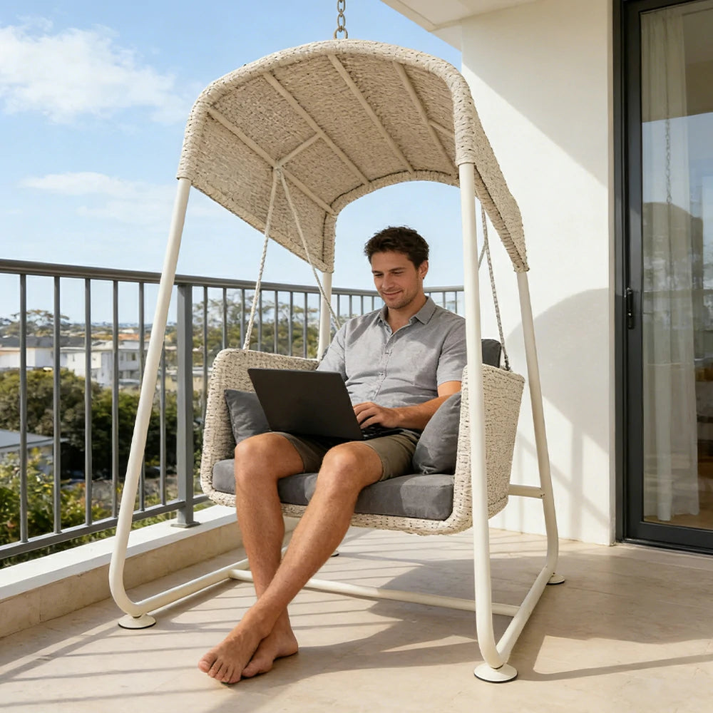 SOLARA Outdoor Swing Chair Aluminium Frame Handwoven Backrest Canopy Cushioned Seat for Garden Patio Balcony - White