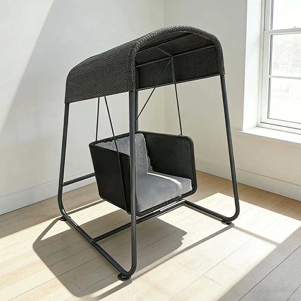 SOLARA Outdoor Swing Chair Aluminium Frame Handwoven Backrest Canopy Cushioned Seat for Garden Patio Balcony - Black