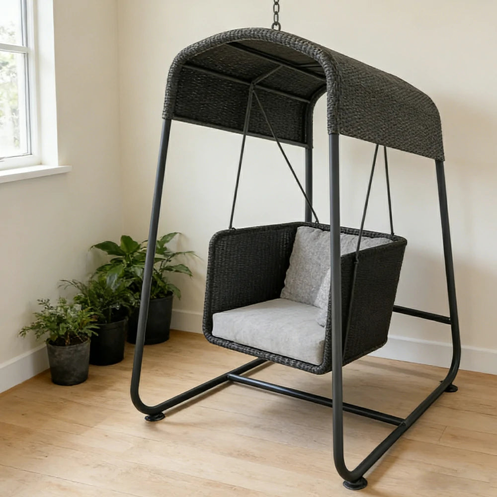 SOLARA Outdoor Swing Chair Aluminium Frame Handwoven Backrest Canopy Cushioned Seat for Garden Patio Balcony - Black