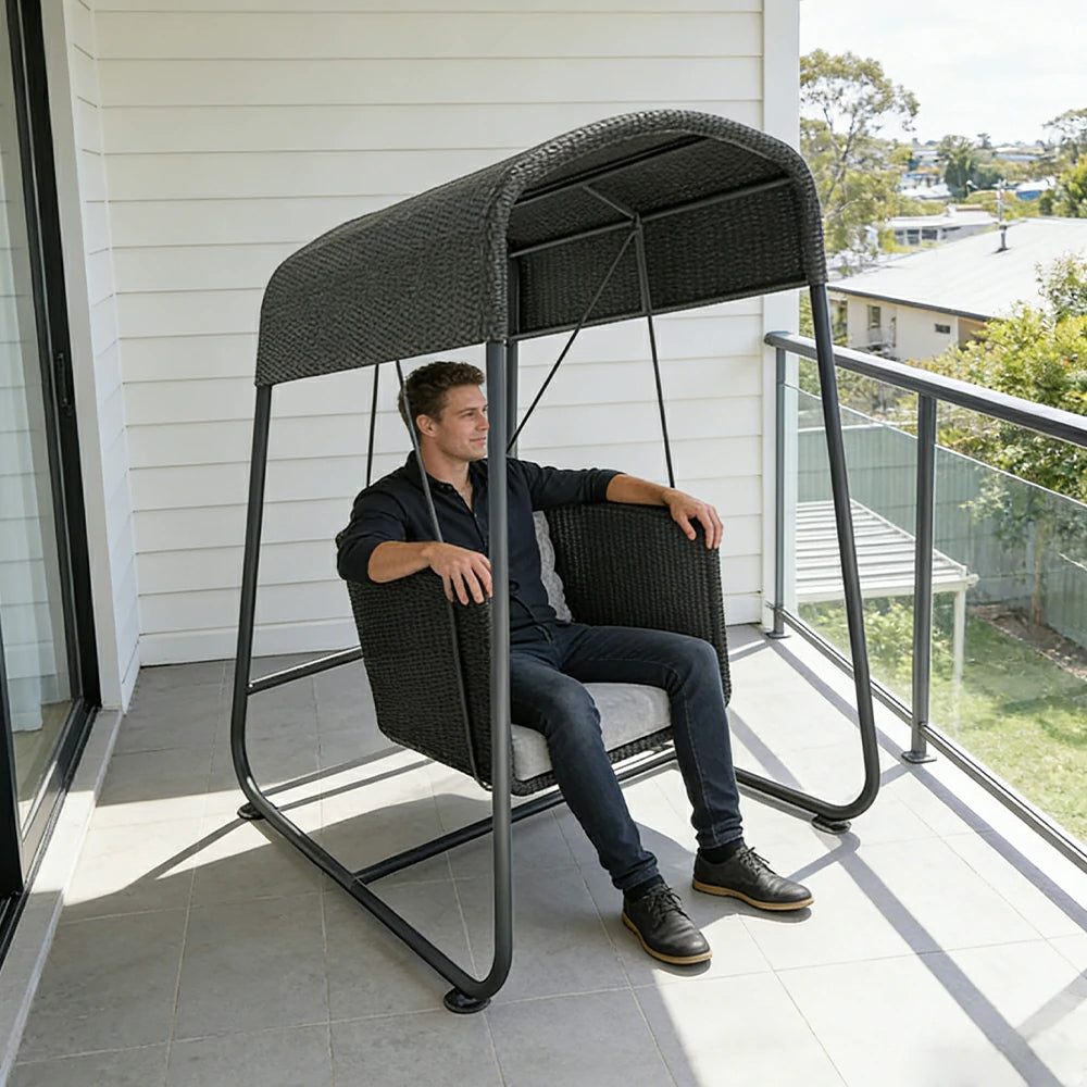 SOLARA Outdoor Swing Chair Aluminium Frame Handwoven Backrest Canopy Cushioned Seat for Garden Patio Balcony - Black