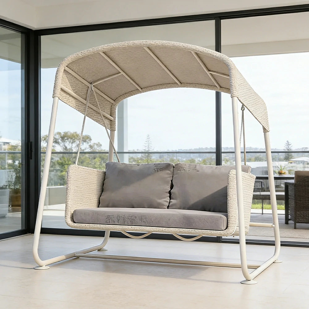 SOLARA Outdoor Double Swing Chair Aluminium Frame Handwoven Backrest Canopy Cushioned Seat for Garden Patio Balcony - White