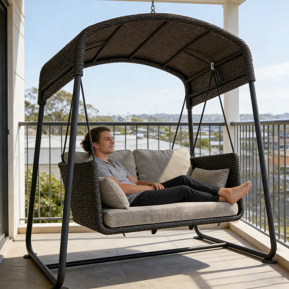 SOLARA Outdoor Double Swing Chair Aluminium Frame Handwoven Backrest Canopy Cushioned Seat for Garden Patio Balcony - Black