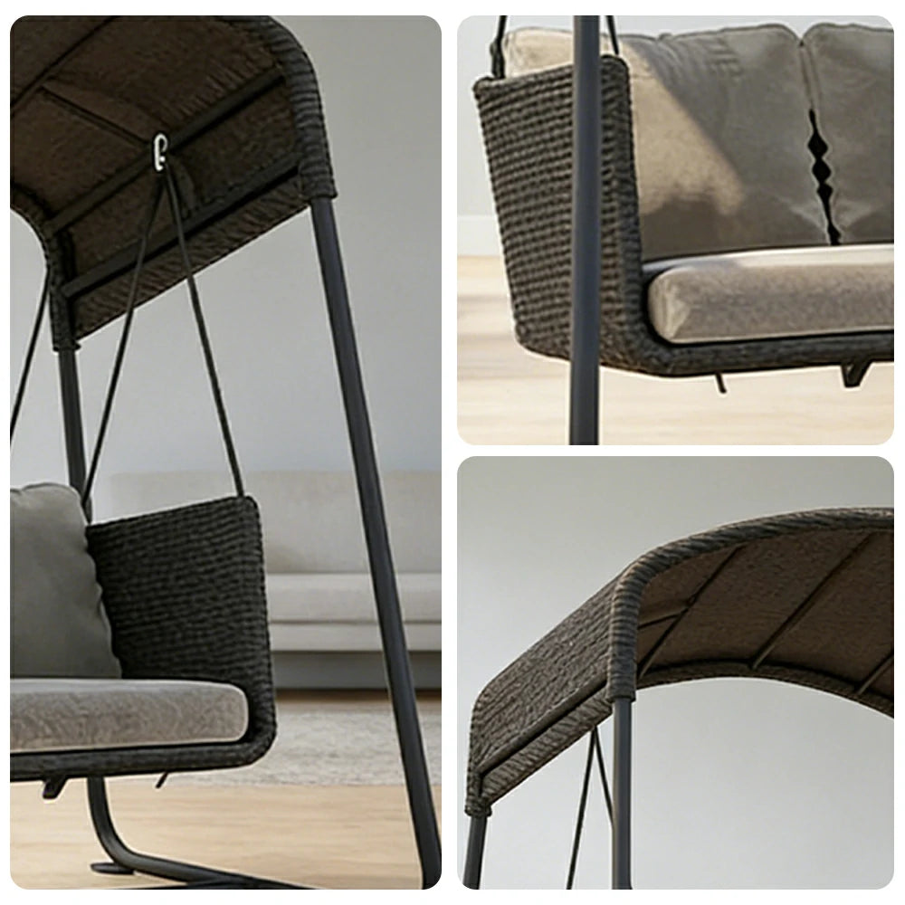 SOLARA Outdoor Double Swing Chair Aluminium Frame Handwoven Backrest Canopy Cushioned Seat for Garden Patio Balcony - Black
