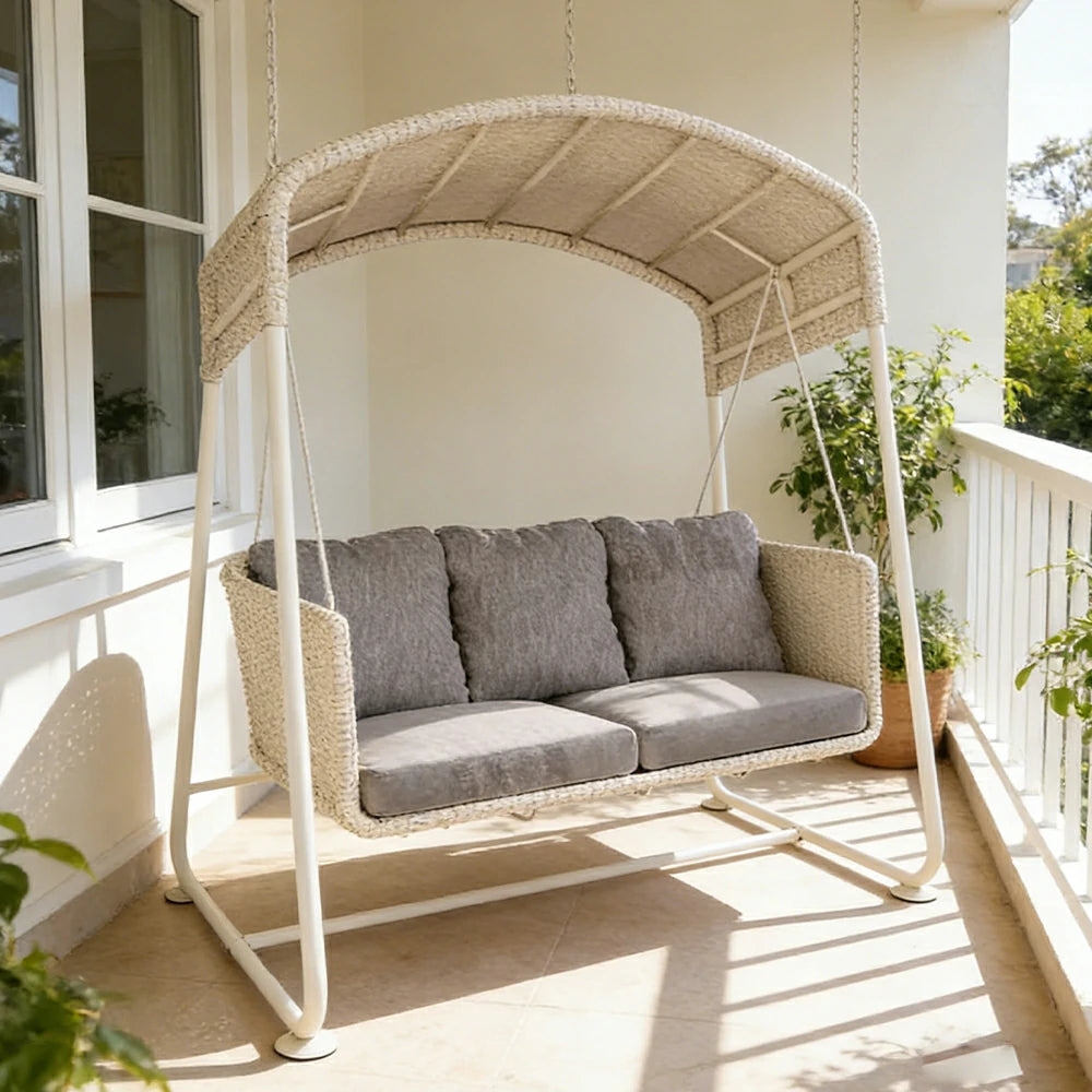 SOLARA Outdoor 3 Seater Swing Chair Aluminium Frame Handwoven Backrest Canopy Cushioned Seat for Garden Patio Balcony - White