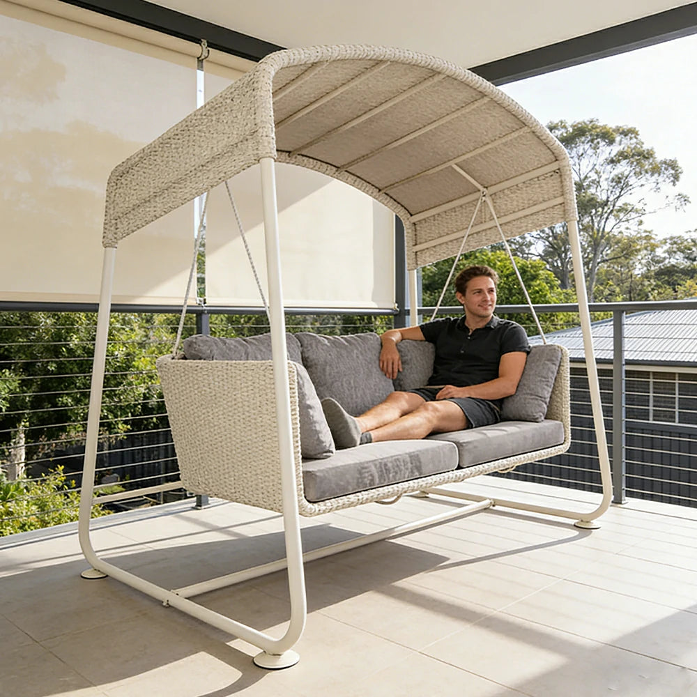SOLARA Outdoor 3 Seater Swing Chair Aluminium Frame Handwoven Backrest Canopy Cushioned Seat for Garden Patio Balcony - White