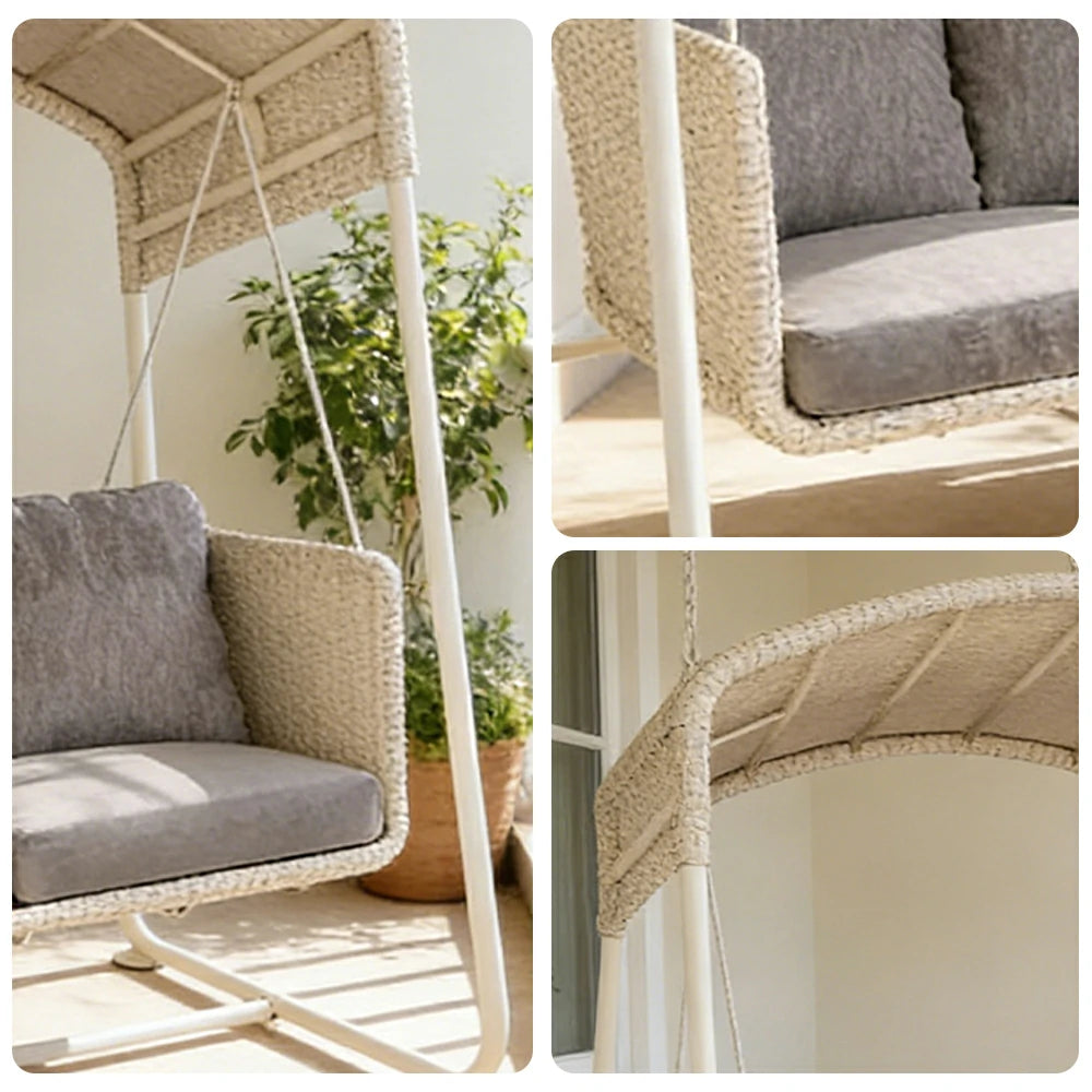 SOLARA Outdoor 3 Seater Swing Chair Aluminium Frame Handwoven Backrest Canopy Cushioned Seat for Garden Patio Balcony - White