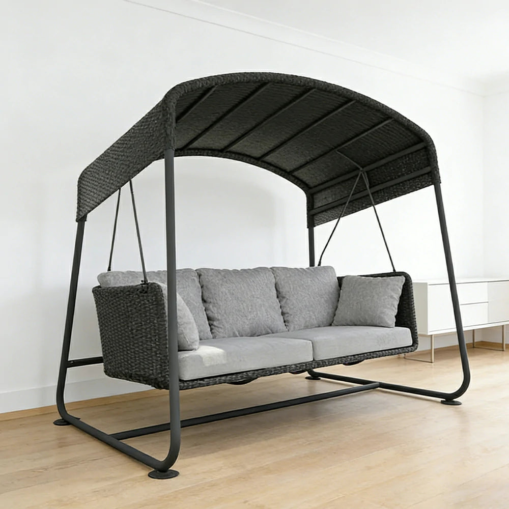 SOLARA Outdoor 3 Seater Swing Chair Aluminium Frame Handwoven Backrest Canopy Cushioned Seat for Garden Patio Balcony - Black