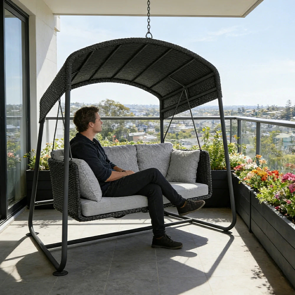 SOLARA Outdoor 3 Seater Swing Chair Aluminium Frame Handwoven Backrest Canopy Cushioned Seat for Garden Patio Balcony - Black