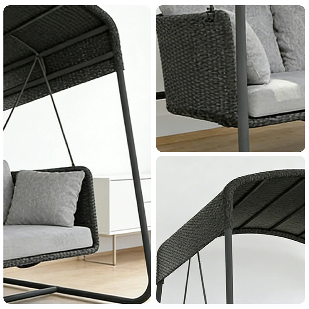 SOLARA Outdoor 3 Seater Swing Chair Aluminium Frame Handwoven Backrest Canopy Cushioned Seat for Garden Patio Balcony - Black