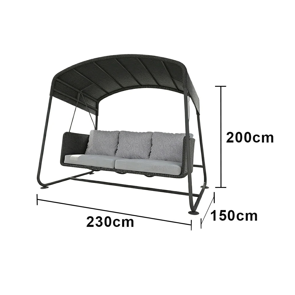 SOLARA Outdoor 3 Seater Swing Chair Aluminium Frame Handwoven Backrest Canopy Cushioned Seat for Garden Patio Balcony - Black