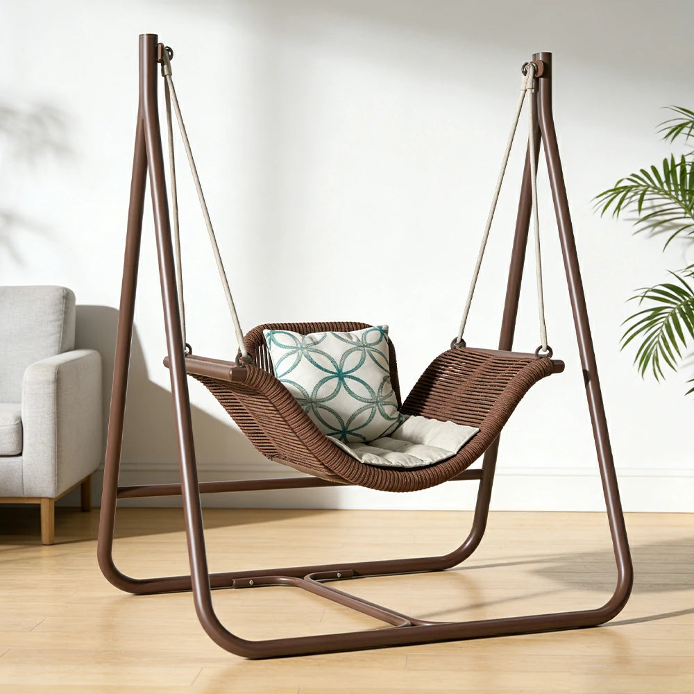 SOLARA Outdoor Hanging Swing Chair Wood Grain Aluminium Frame PE Rattan Seat for Garden Patio Balcony - Coffee