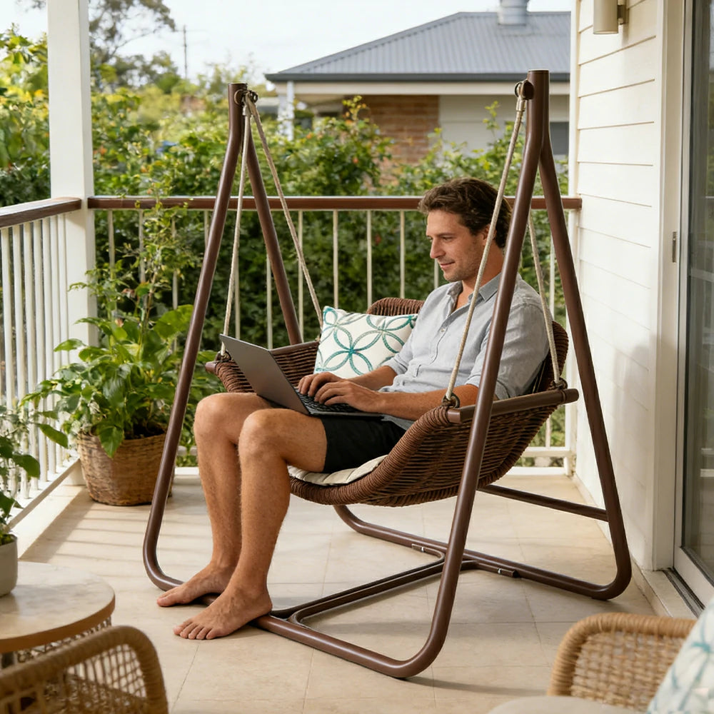 SOLARA Outdoor Hanging Swing Chair Wood Grain Aluminium Frame PE Rattan Seat for Garden Patio Balcony - Coffee
