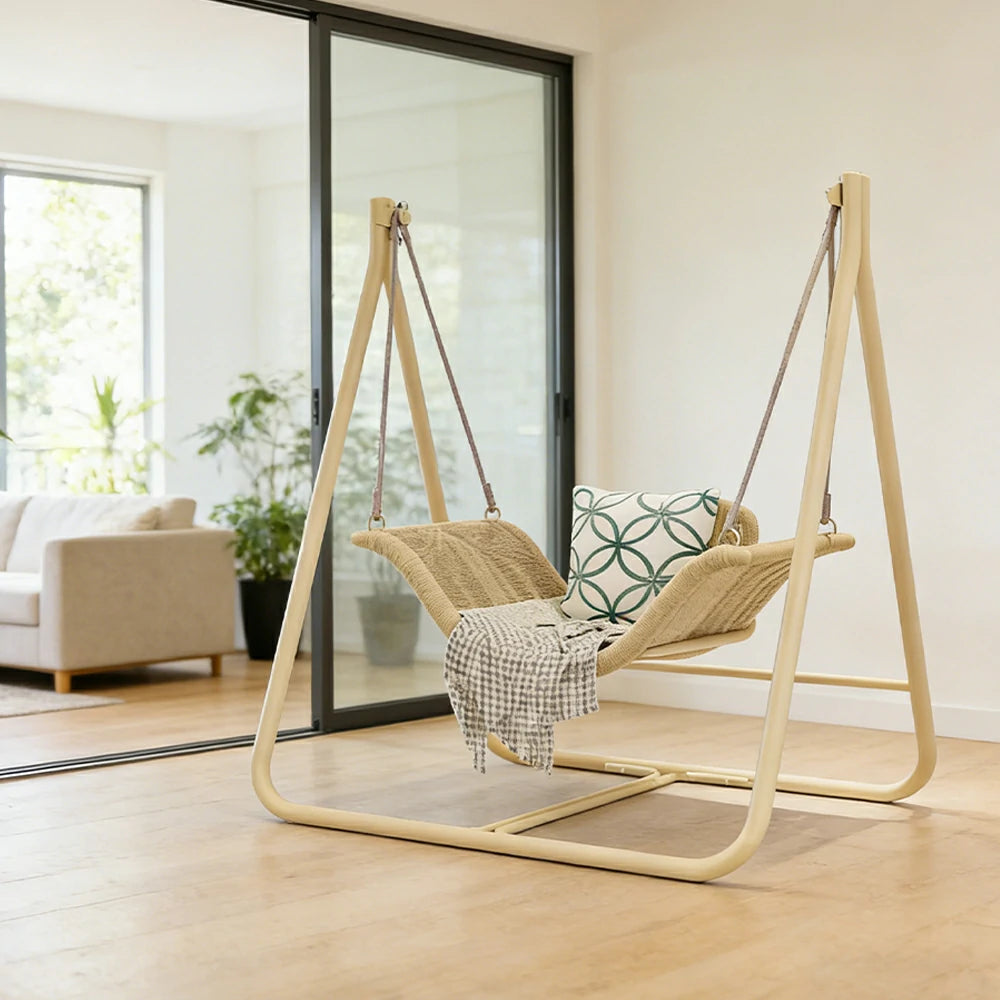 SOLARA Outdoor Hanging Swing Chair Wood Grain Aluminium Frame PE Rattan Seat for Garden Patio Balcony - Khaki