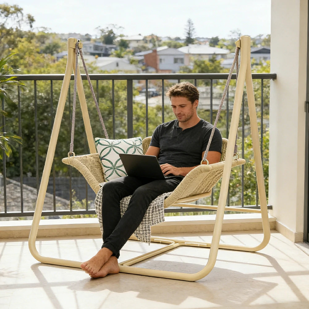 SOLARA Outdoor Hanging Swing Chair Wood Grain Aluminium Frame PE Rattan Seat for Garden Patio Balcony - Khaki