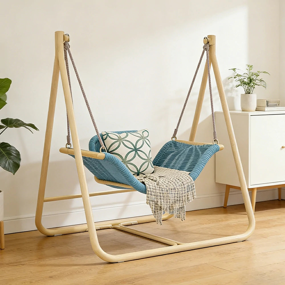 SOLARA Outdoor Hanging Swing Chair Wood Grain Aluminium Frame PE Rattan Seat for Garden Patio Balcony - Blue