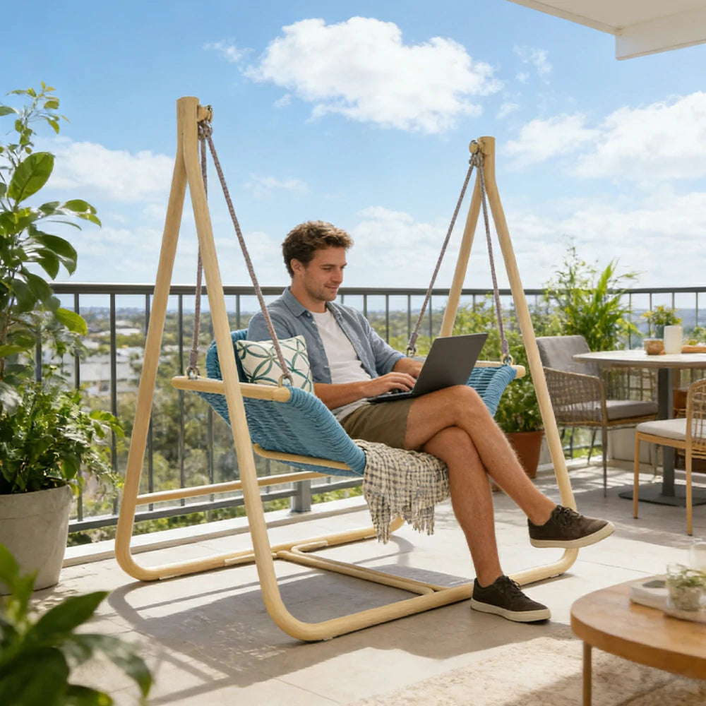 SOLARA Outdoor Hanging Swing Chair Wood Grain Aluminium Frame PE Rattan Seat for Garden Patio Balcony - Blue