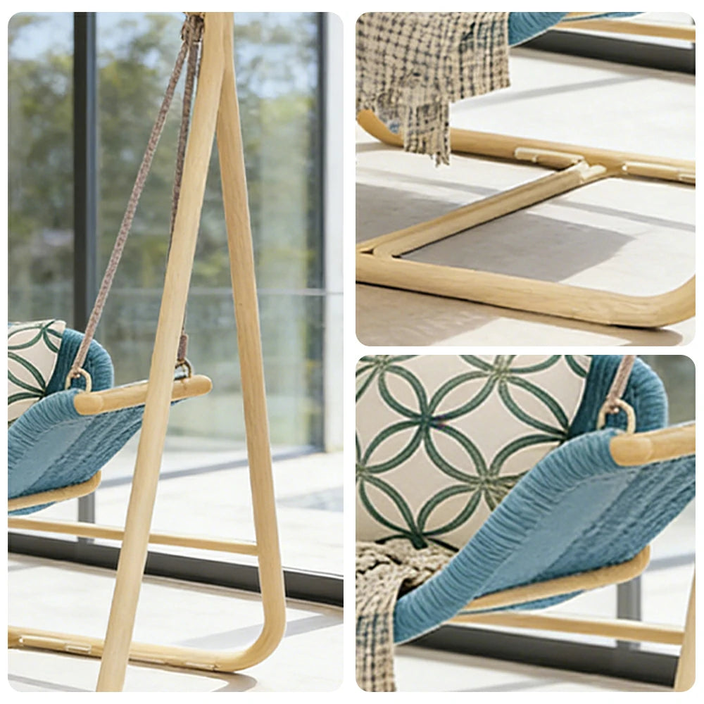 SOLARA Outdoor Hanging Swing Chair Wood Grain Aluminium Frame PE Rattan Seat for Garden Patio Balcony - Blue