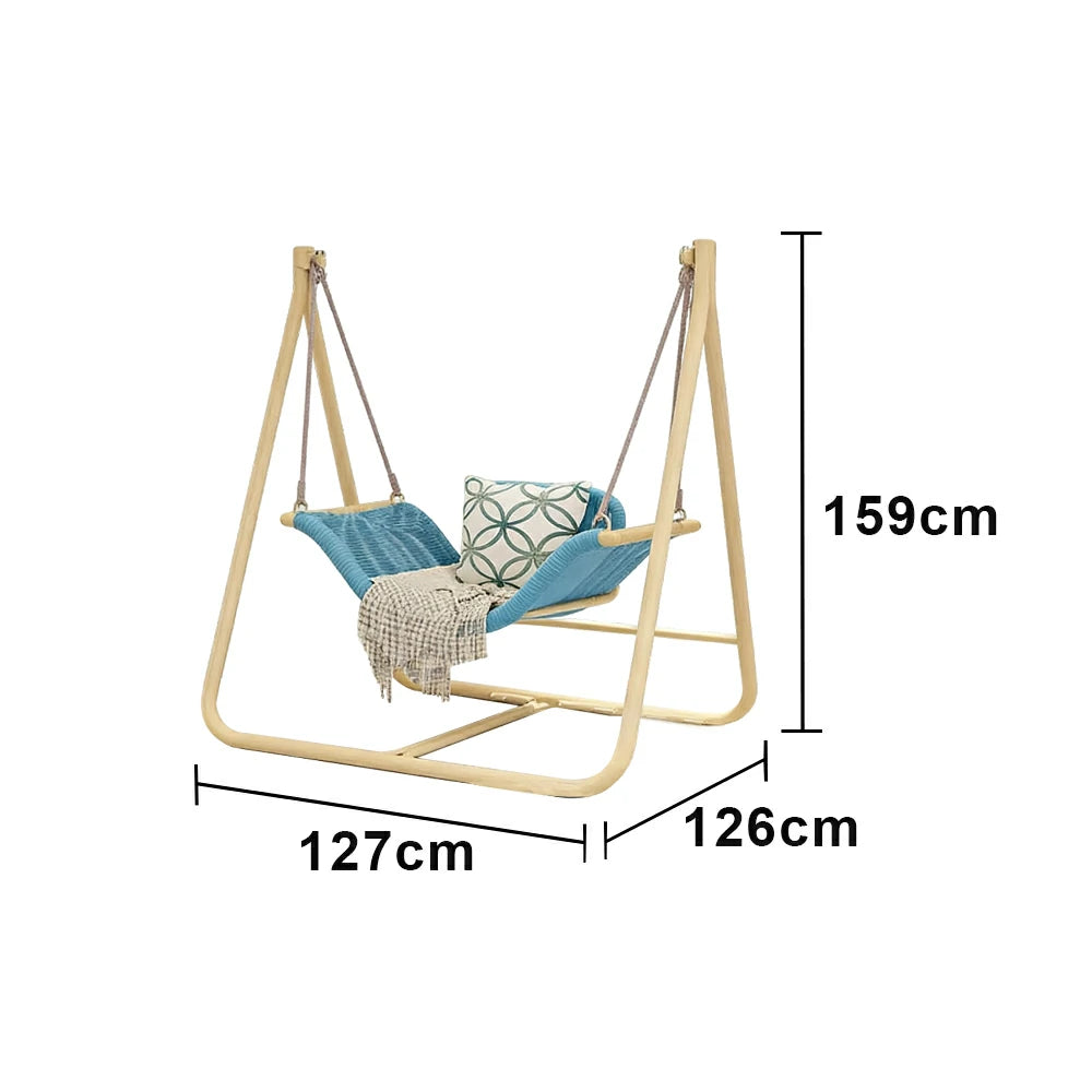 SOLARA Outdoor Hanging Swing Chair Wood Grain Aluminium Frame PE Rattan Seat for Garden Patio Balcony - Blue