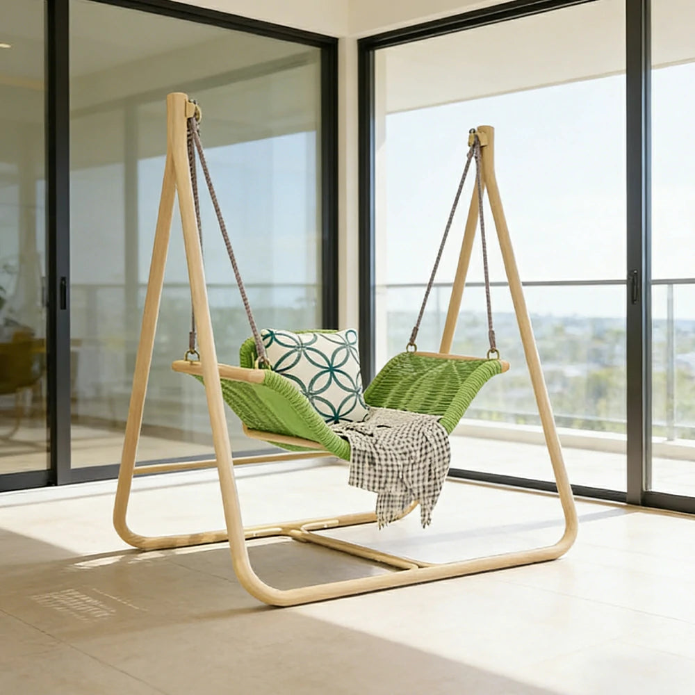 SOLARA Outdoor Hanging Swing Chair Wood Grain Aluminium Frame PE Rattan Seat for Garden Patio Balcony - Green