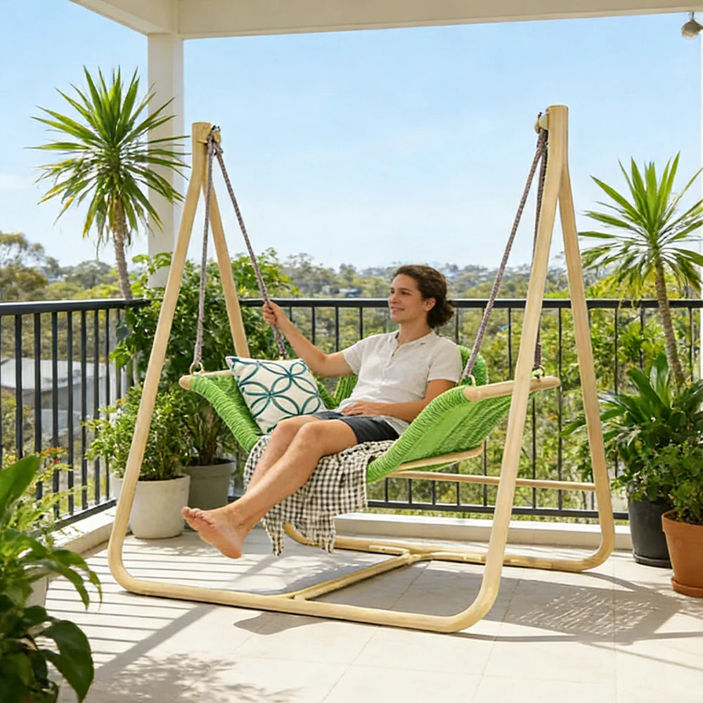 SOLARA Outdoor Hanging Swing Chair Wood Grain Aluminium Frame PE Rattan Seat for Garden Patio Balcony - Green