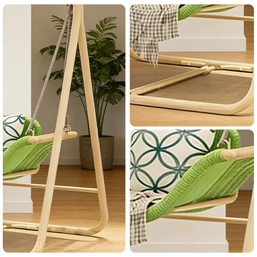 SOLARA Outdoor Hanging Swing Chair Wood Grain Aluminium Frame PE Rattan Seat for Garden Patio Balcony - Green