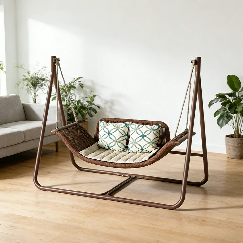 SOLARA Outdoor Hanging Double Swing Chair Wood Grain Aluminium Frame PE Rattan Seat for Garden Patio Balcony - Coffee