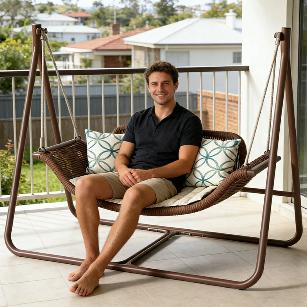 SOLARA Outdoor Hanging Double Swing Chair Wood Grain Aluminium Frame PE Rattan Seat for Garden Patio Balcony - Coffee