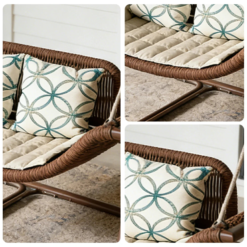 SOLARA Outdoor Hanging Double Swing Chair Wood Grain Aluminium Frame PE Rattan Seat for Garden Patio Balcony - Coffee