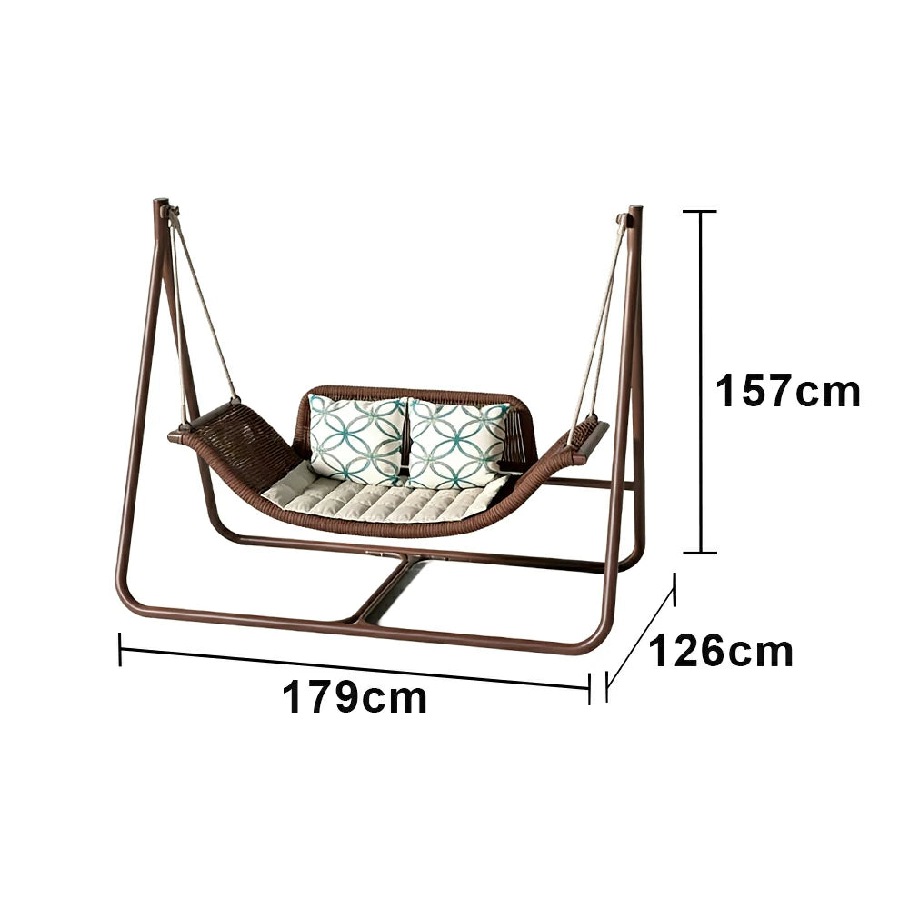 SOLARA Outdoor Hanging Double Swing Chair Wood Grain Aluminium Frame PE Rattan Seat for Garden Patio Balcony - Coffee