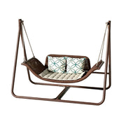 SOLARA Outdoor Hanging Double Swing Chair Wood Grain Aluminium Frame PE Rattan Seat for Garden Patio Balcony - Coffee