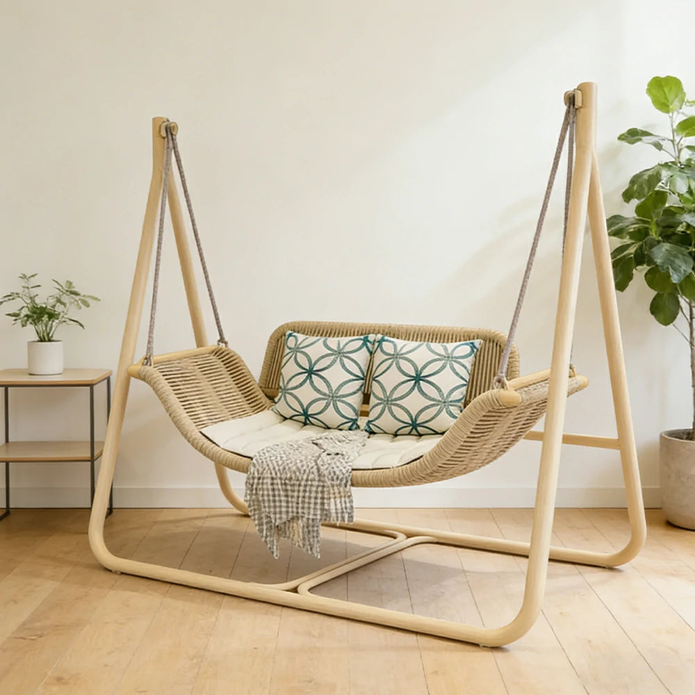 SOLARA Outdoor Hanging Double Swing Chair Wood Grain Aluminium Frame PE Rattan Seat for Garden Patio Balcony - Khaki